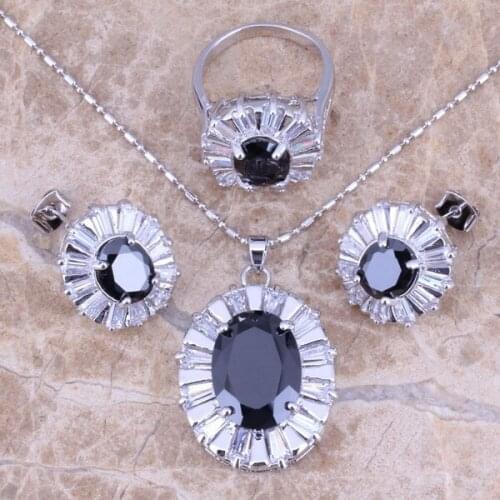 Black Cubic Zirconia White CZ Silver Plated Jewelry Sets Earrings Pendant Ring Size 6 / 7 / 8 / 9 / 10 S0050
