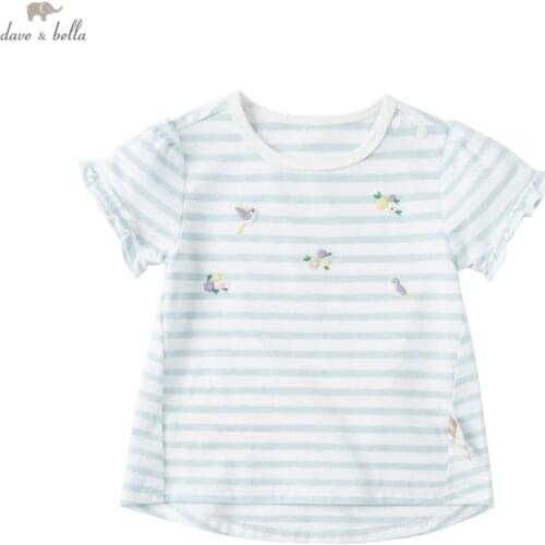 DBZ17816 dave bella summer baby girls cute cartoon embroidery striped print T-shirt children tops girl kids fashion tees