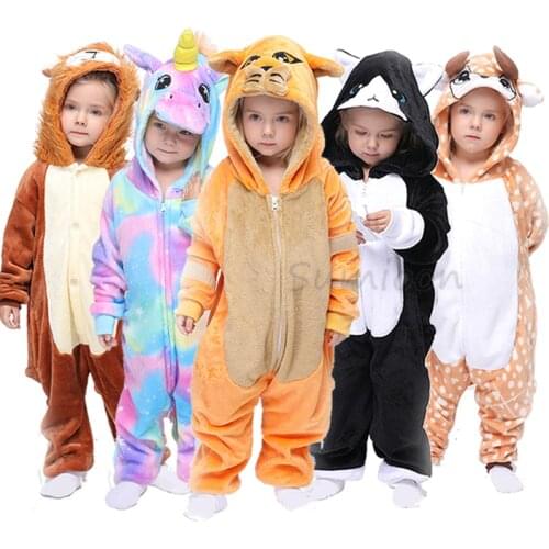 Kids Baby Kigurumi Animal Unicorn Black Cat Onesie Rabbit Panda Pajamas Flannel Cartoon Christmas Costumes Girls Boys Jumpsuits