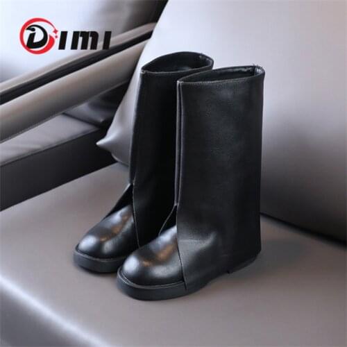 DIMI 2021 New Fashion Brand Children Microfiber Leather High-Top Flanging Soft Non-Slip Black Girls Boots ShoesT21177