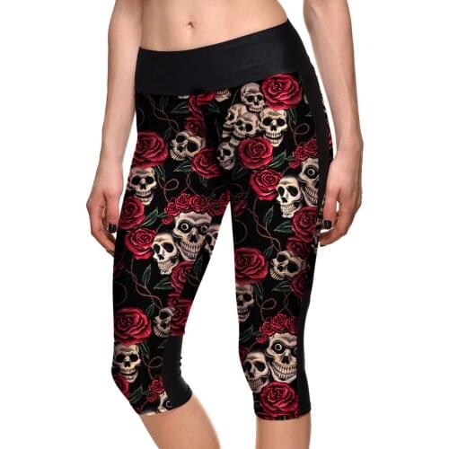 Hot Halloween Floral Skull Black Sports Fitness Capris Women Plus Size Running Gym Bodybuilding Leggings 3 Patterns