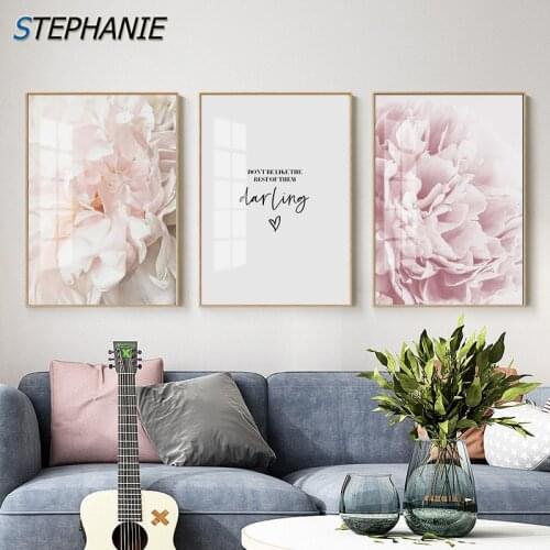 Peony Blossom Painting Nordic Pink Canvas Posters Letter Prints Wall Picture for Living Room Girl Bedroom Decoration Wall Decor