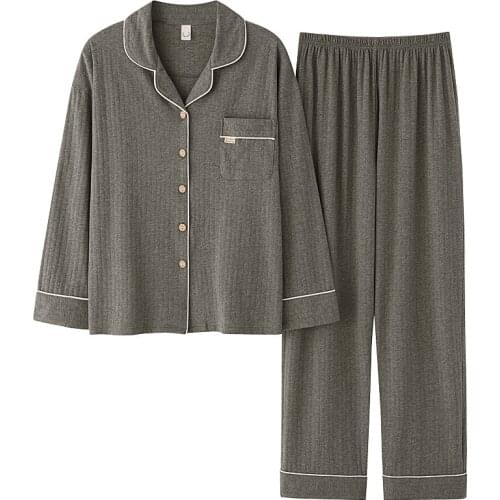 Grey Classic Mens Pajamas Cotton Solid Color Button-Down Long Sleeve Men Pajamas Set Spring Autumn Sleepwear Soft Lounge Pjs Set