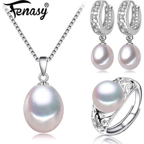 FENASY Natural Freshwater Pearl Jewelry Sets Pearl Pendant Necklace Silver Earrings For Women Drop Earrings Fashion Ring New