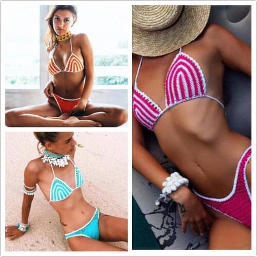 Triangle Pink Knitted Swimming Suit for Women Crochet Bikini Sexy 2 Piece Set Women Brazilian Push Up Beachwear Swimsuits String