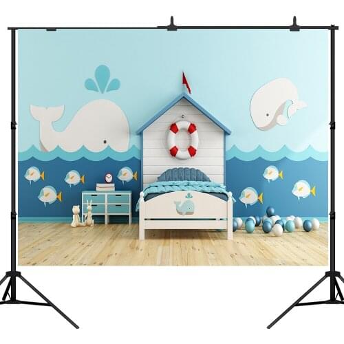 Lyavshi Cartoon Nautical Style Birthday Backdrop Whale Sea Background Wooden Floor Kids Children Portrait Photoshoot Props
