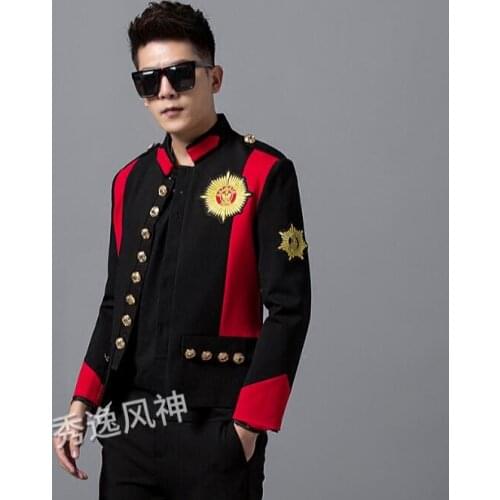 Mens tide section palace style badge embroidery coat suit male stand collar version fashion coat singers stage costumes