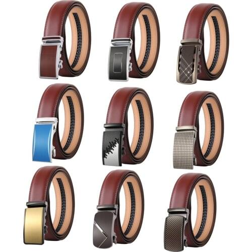 Red Brown Leather Mens Belts Automatic Buckle Men Belt Ratchet Waistband Straps for Dress Jeans Sliding Buckle Easy Release B610