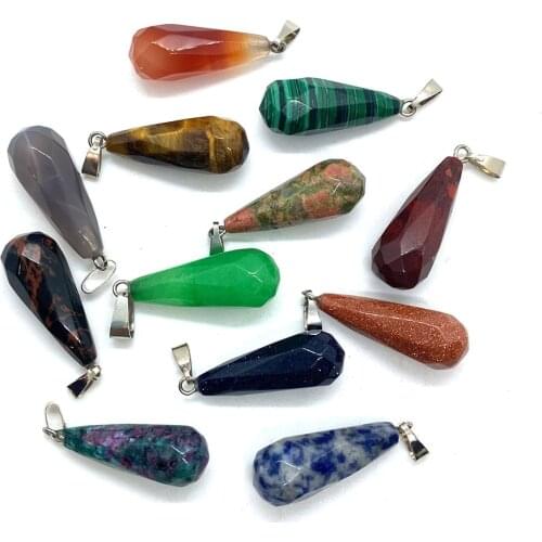 Natural Stone Drop Pendant Faceted Green Aventurine Speckled Stone Peacock Lime Agate Opal Watermelon Crystal DIY Jewelry Making