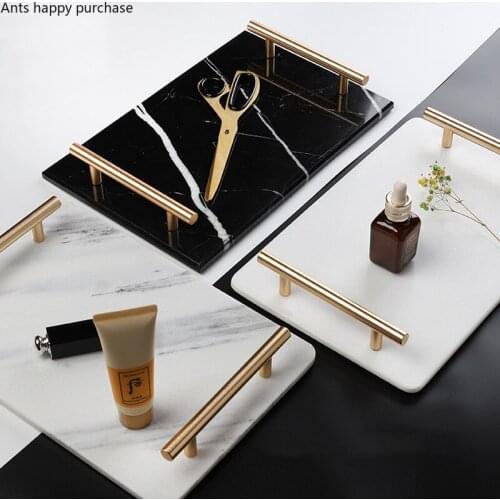 Nordic Natural Marble Rectangular Tray Metal Handle Home Jewelry Cosmetic Sort Out Storage Tray Desktop Decoration Show Plate