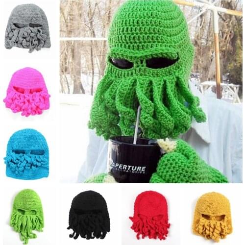 Novelty Adult Handmade Hats Funny Tentacle Octopus Cap Crochet Beard Beanie Adult Knit Wind Mask Cap Halloween Decoration