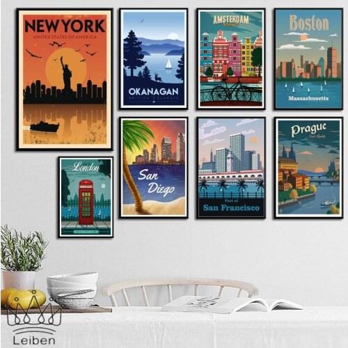 New Travel Cities Landscape Retro Poster Nordic New York London Moscow Netherlands Cartoon Canvas Painting Living Room for Decor