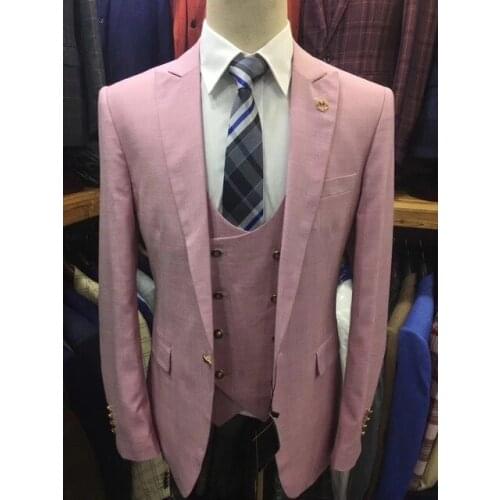 Formal Pink Wedding Groom Tuxedo Mens Suits Custom Made Prom Slim Fit Terno Masculino Mens 3 Pcs Set (Jacket+Pant+Vest+Tie)