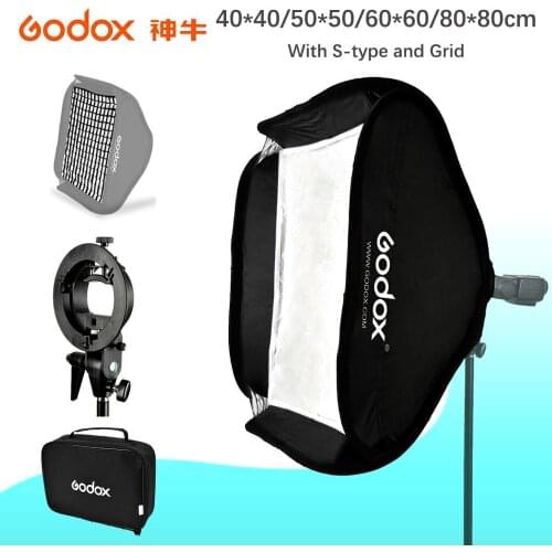 GODOX 40x40cm 50x50 60x60 80x80cm Softbox with Grid S Type Bracket Stable Bowens Mount Flash Bracket Mount Foldable Softbox Kit