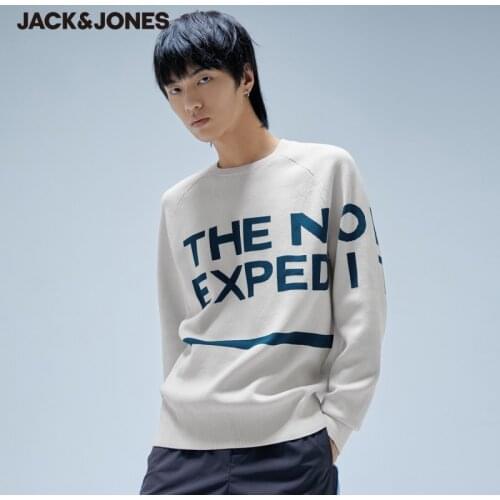JackJones Mens 100% Cotton Letter Contrasting Woven Loose Fit Pullover Knit Sweater| 220424013