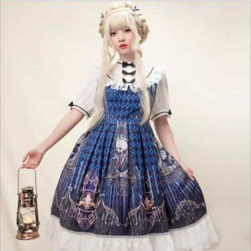 Vintage gothic lolita dress palace lace bowknot high collar puff sleeve printing high waist victorian dress kawaii girl loli cos