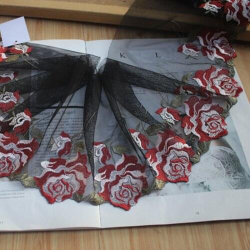 10Meters Rose Flowers Embroidered Lace Trim Black Tulle Fabric For Lingerie Underwear Bra Dress Costume Decorations DIY 18cm
