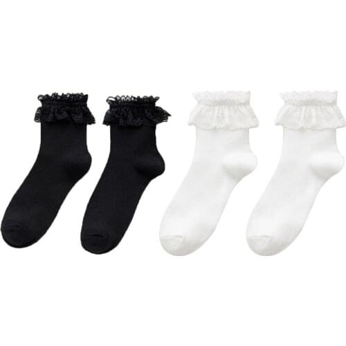 Japanese Lolita Mesh Crew Socks Sweet Ruffled Lace Frilly Hollow Cotton Hosiery