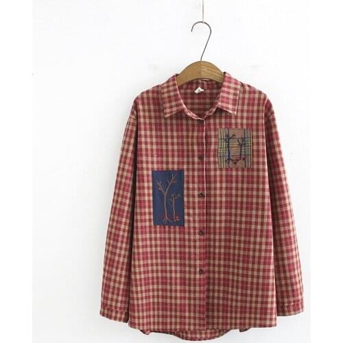 Plus Size Womens Long Sleeved Plaid Blouse Cotton&Linen Embroidery Blusas Vintage Oversized Tops