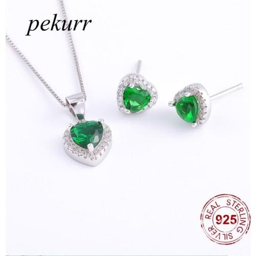 Pekurr 925 Sterling Silver Bright Zircon Love Heart Earrings Necklace Sets For Women Gems Edge Pendants Jewelry Sets 5 Color
