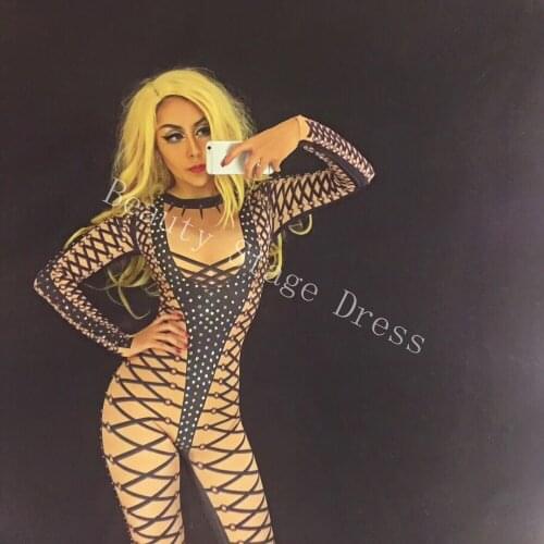 Women Black Line Sexy Bodysuit Sparkling Crystals Jumpsuit Nightclub DJ DS Female Singer Clothing Stage Wear Costume