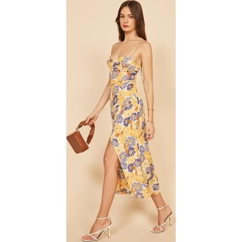2021 Spring and Summer Suspender Fresh Floral Pattern Hem Slit Long Slim Elegant Temperament Dress