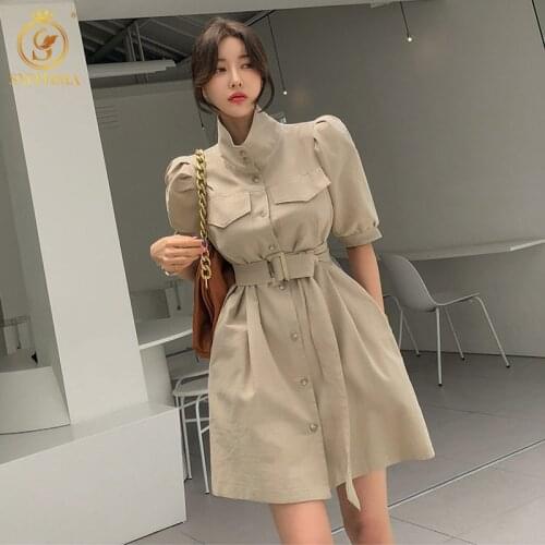 SMTHMA Women 2021 Korean Fashion Chic Summer Dress French Stand Collar Single-Breasted Short Sleeve With Belt Dress Vestido