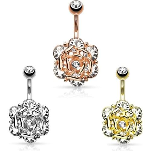 1PC New Fashion Sexy Piercing Navel Nail Body Jewelry Flower Pendant Crystal Belly Button Rings Luxury Rose Navel Piercing