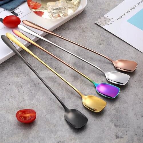304 Stainless Steel Spoon Long Handle Teaspoon Bar Bartending Creative Square Head Spoon Ice Cream Coffee Stirring Spoon