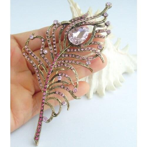 4.92" Gold-tone Pink Rhinestone Crystal Peacock Feather Brooch Pin Pendant EE05860C6