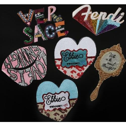 Love Heart Sequined Embroidery Patches Iron on Letters Appliques Pink Lips Thermo Stickers Fashion Shiny Patch for Girls Clothes