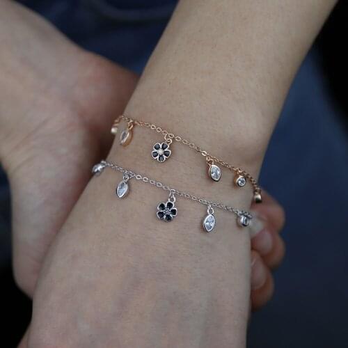 925 Sterling Silver Elegant Chic Jewelry Design Cz Black Flower Drop Charm Delicate Chain Modern Romance Cute Women Bracelet