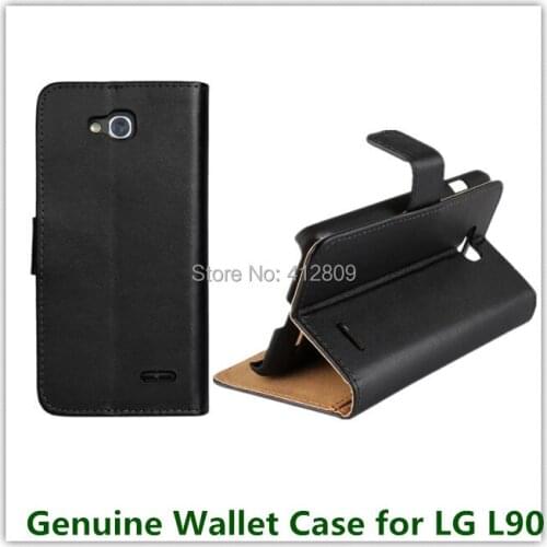 New Black Genuine Leather Folio Stand Wallet Pouch Cover Case for LG Optimus L90 Dual D410 Card Flip Open Pocket Cellphone Case