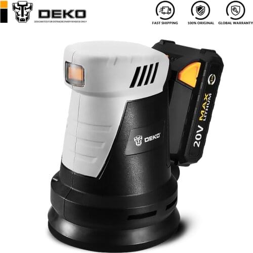 DEKO 20V Cordless Random Orbit Sander with 15 Sheets of sandpaper and Hybrid dust canister Lithium-Ion Battery 10,000/min
