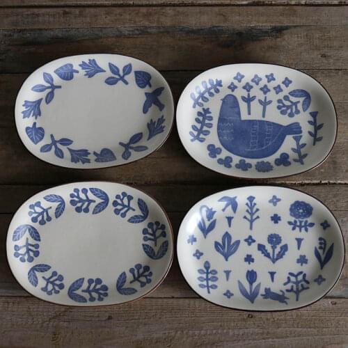 Design Style Blue Fairy Tale Dove Flowers Underglaze Retro Matte Plate/High Temperature Oval Plate