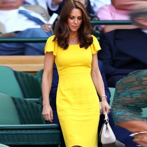 Kate Middleton Plus Size High Quality New Fashion Elegant Office Lady Workplace Yellow Suit Dress