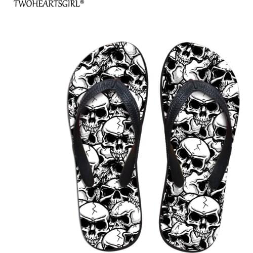 Twoheartsgirl Personalized Classic Teen Girls Women Skull Pattern Flip Flops Retro Ladies Beach Slippers Rubber Flat Home Shoes