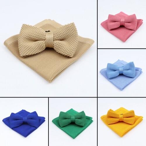 High Quality Solid Color Knitted Hankerchief Bowtie Set Soft Red Blue Purple Pink Wedding Pocket Square Bow Tie Accessory Gift