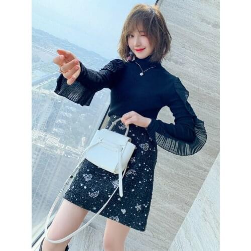 Fashion splicing fold falbala turtleneck sweater + sequins tweed skirt suits womens clothing in the winter of 2020 new