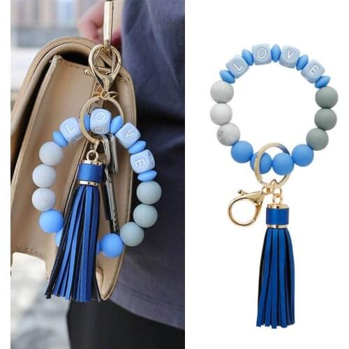 New Letters LOVE Silicone Beads Wristlet PU Tassel Keychain Bracelets for Women Bag Pendant Best Friend Gift Boutique Jewelry