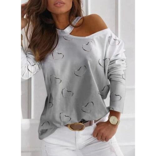 BiShan Women Sexy Elegant Halter Shirt Women Heart Shape Print Long Sleeve Casual Tops Pullovers Lady Off Shoulder Spring Top