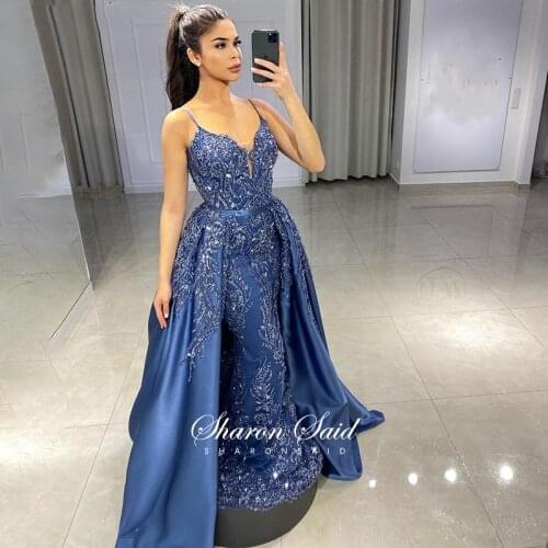 Luxury Beaded Dubai Blue Mermaid Evening Dress with Detachable Skirt Spaghetti Strap Arabic Prom Formal Gowns for Women Wedding