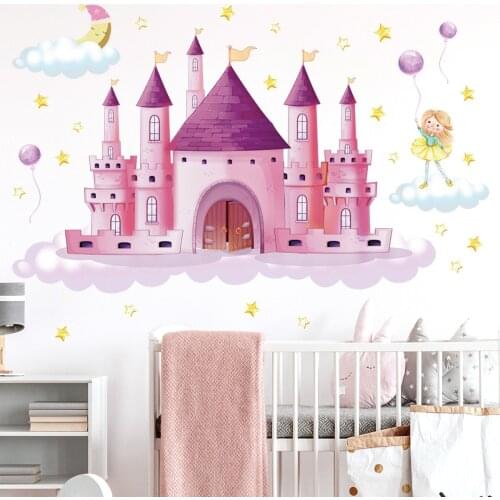 Pink Star Moon Castle Wall Stickers Childrens Room Princess Room Bedroom Background Decoration Cartoon Wallpaper