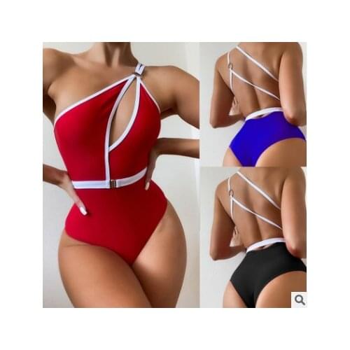 Sexy Splicing Asymmetric Backless Monokini One Piece Swimsuit Female One Shoulder Suit Swim