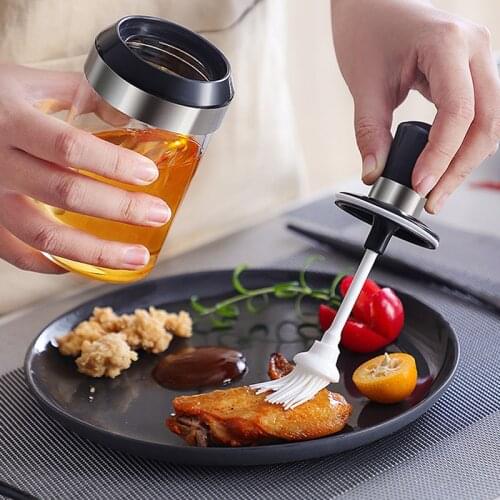 Store Glass Integrated Spice Bottles Jars Seasoning Spoon Oil Brush Honey Lid Seal Sauce Kitchen Storage Organization