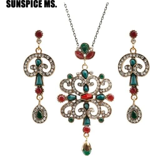 SUNSPICEMS Turkish Women Retro Gold Drop Earring Pendant Necklace Sets Indian Ethnic Wedding Jewelry Set Rhinestone Bridal Gift