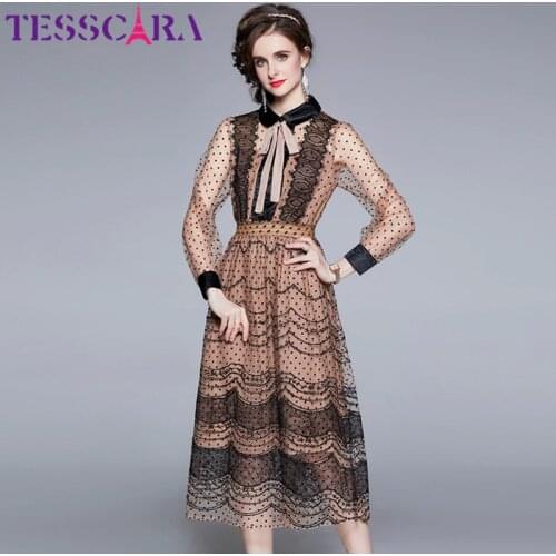 TESSCARA Women Autumn Elegant Mesh Dress Festa Female High Quality Long Vintage Party Robe Femme Lace Designer A-Line Vestidos