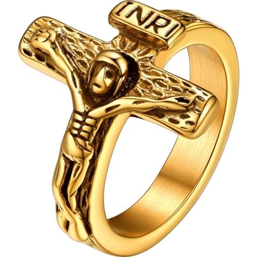 U7 Mens Stainless Steel Jesus Ring Band Vintage Finger Rings Religious Belief Jesus Cross Ring