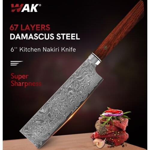 WAK 6'' Nakiri Knives 67 Layers Damascus Stainless Steel Golden Rosewood Handle ECO Friendly Kitchen Knife Chef Cooking Tools