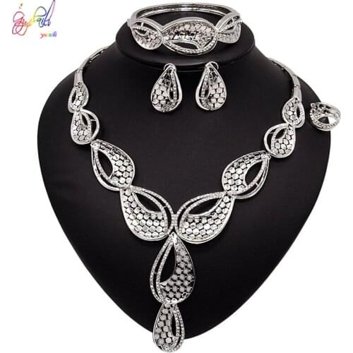 Yulaili New Silver Color Charm Choker Stud Earrings Bangle Ring for Women Wedding Party Exquisite Jewelry Sets Wholesale